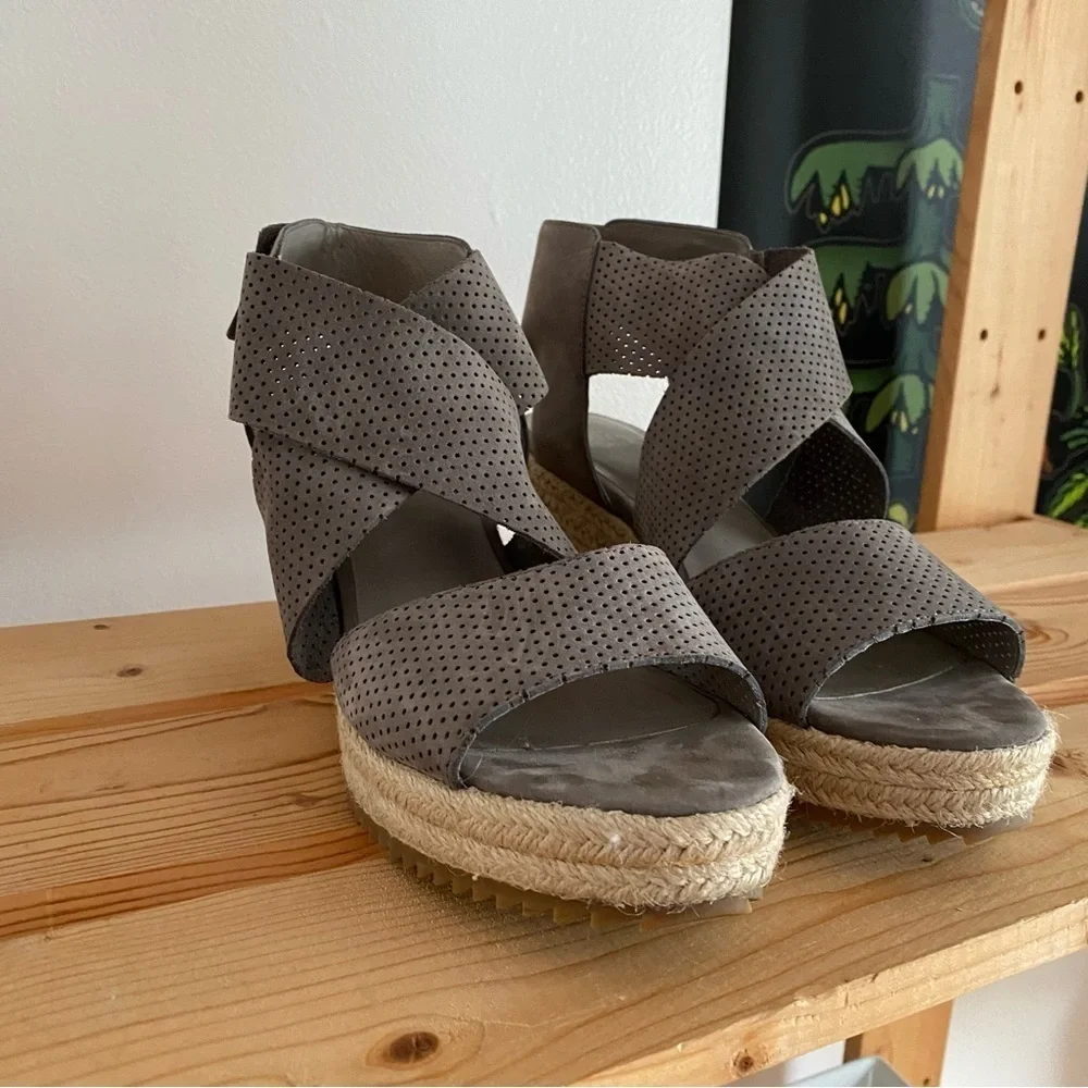 Eileen Fisher Gray Espadrille Willow Wedge 2 Graphite Nubuck Sandals 9 - Picture 5 of 16